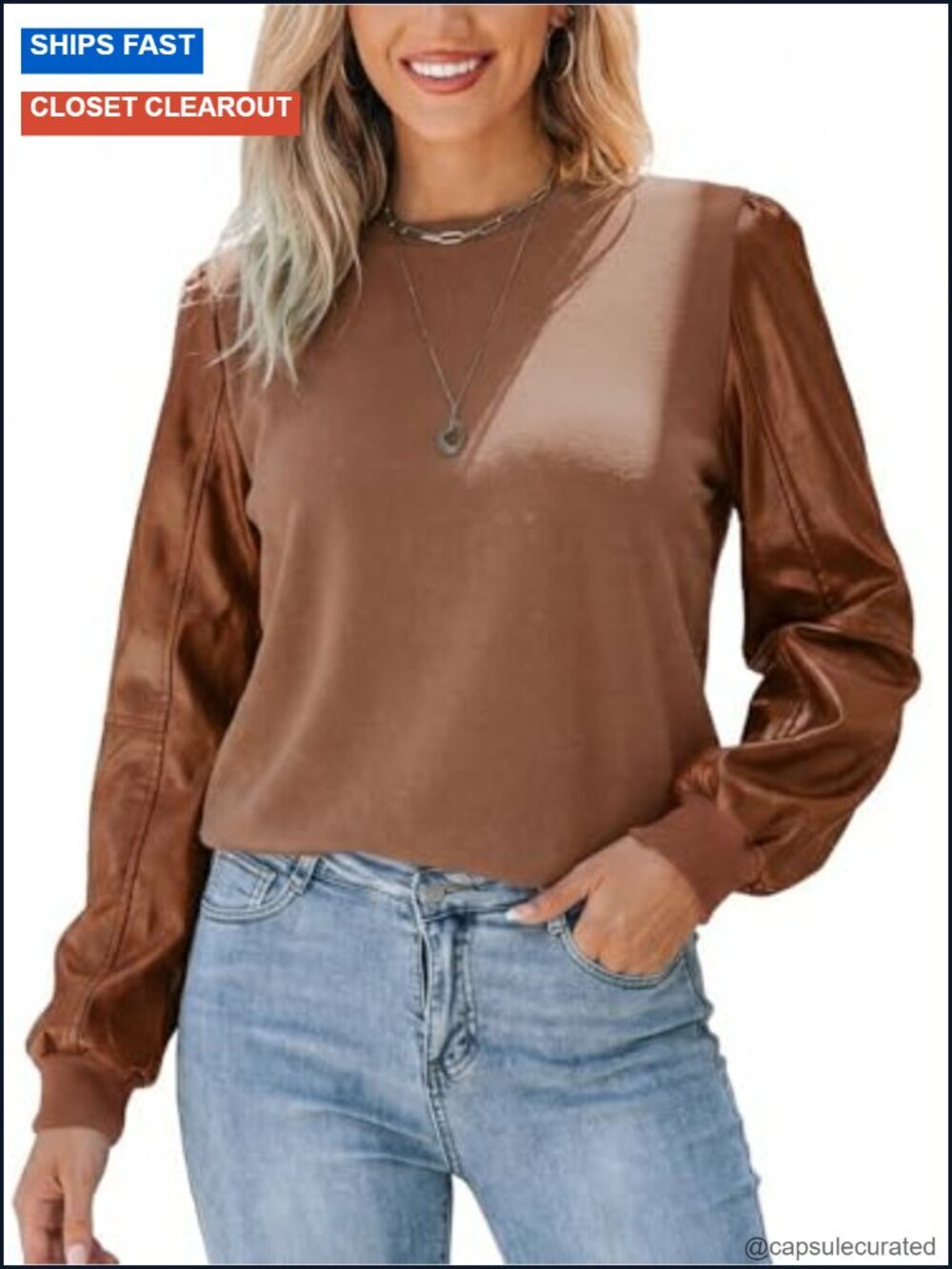 Faux Leather Sleeve Mock Neck Long Sleeve Blouse